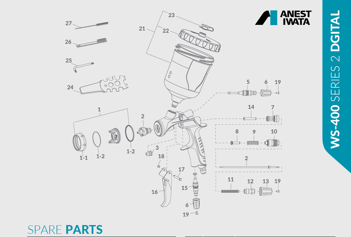 Pistol de vopsit profesional LS-400SR2 Anest Iwata pentru vopsea auto schema explodata piese de schimb