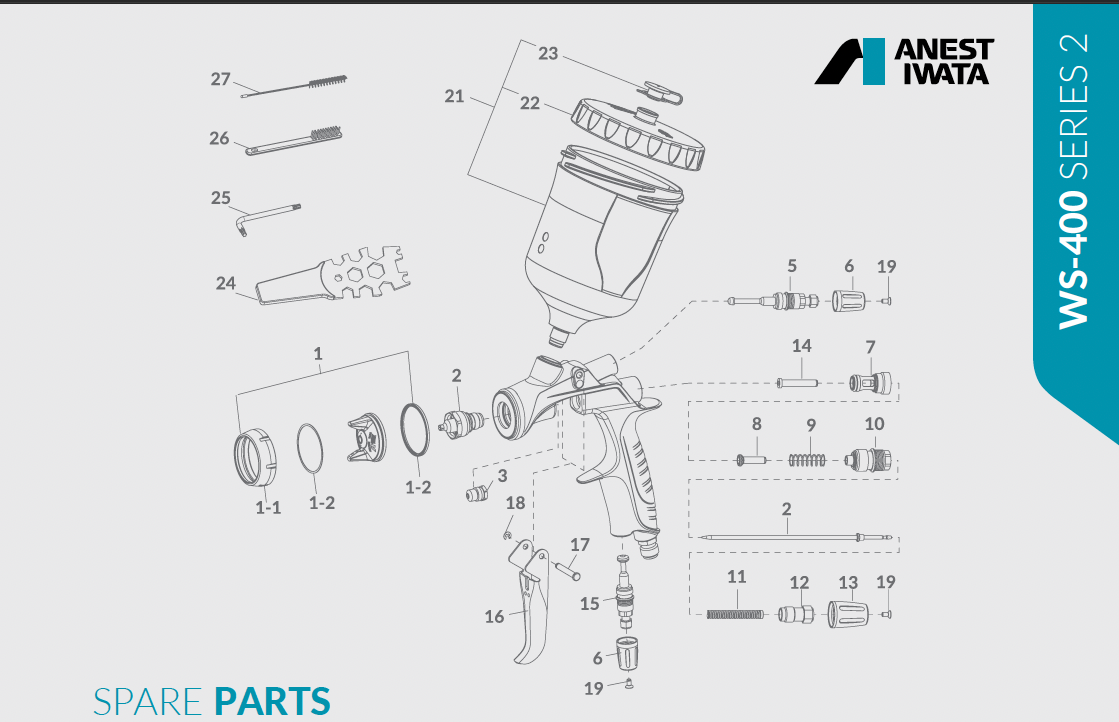 Pistol de vopsit profesional Anest Iwata WS-400SR2 CLEAR pentru lac auto - ECO Set
